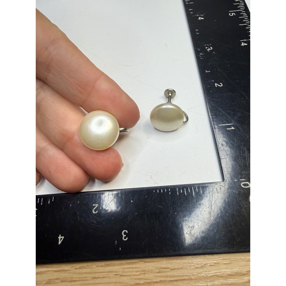 Vintage Faux Pearl Screw Back Earrings Cream Round Silver Tone Studs